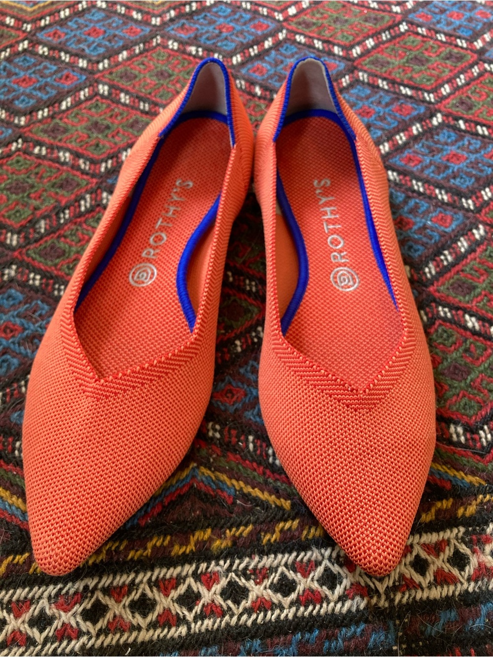 Rothy's Pointed Knit Ballet Flats Coral Orange with Blue Trim